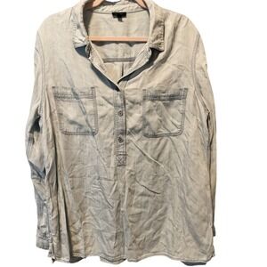 TALBOTS Womens Light Wash Chambray Tencel Tunic Shirt XL Roll Tab Sleeve Buttons